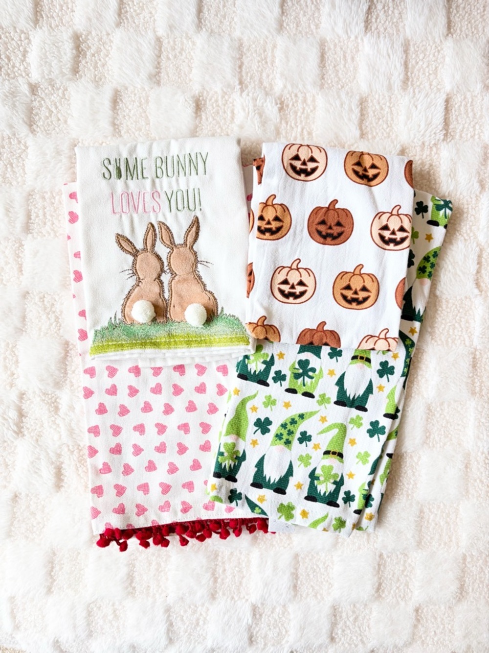 Holiday Tea Towels | St Patrick’s Day Shamrock + Valentine Hearts Kitchen Decor